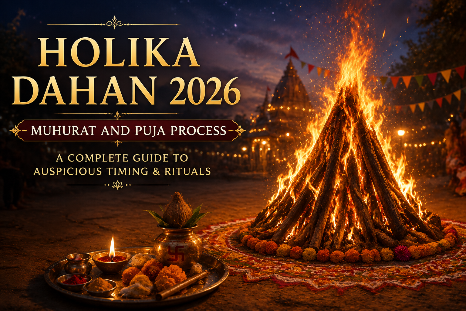 Bonfire with marigolds and oil lamp before illuminated temple