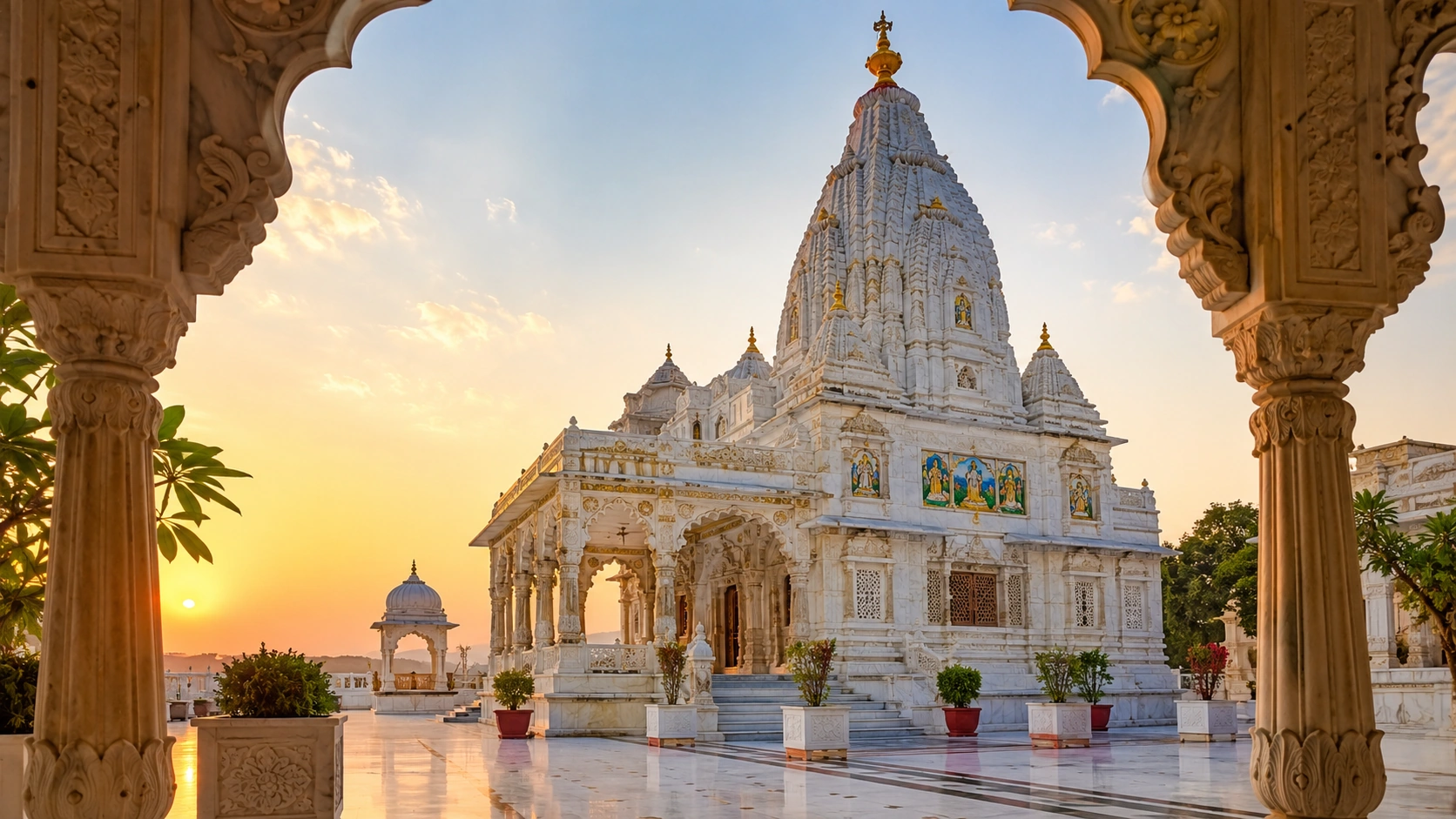 White marble temple framed by carved archway at sunset