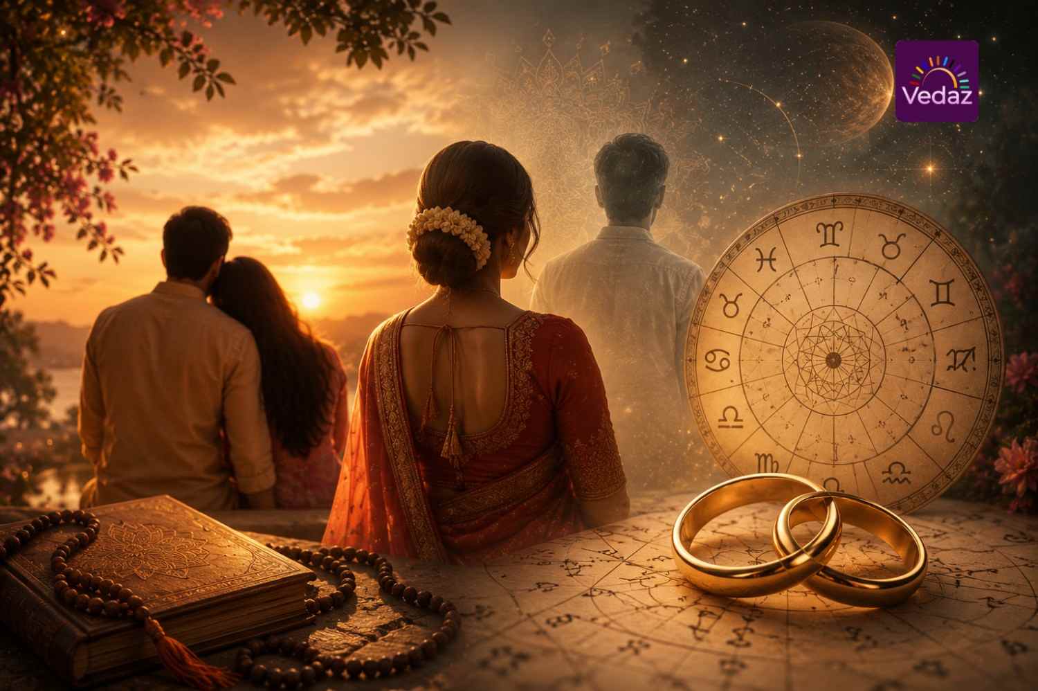 Woman contemplating remarriage beside wedding rings and astrology chart