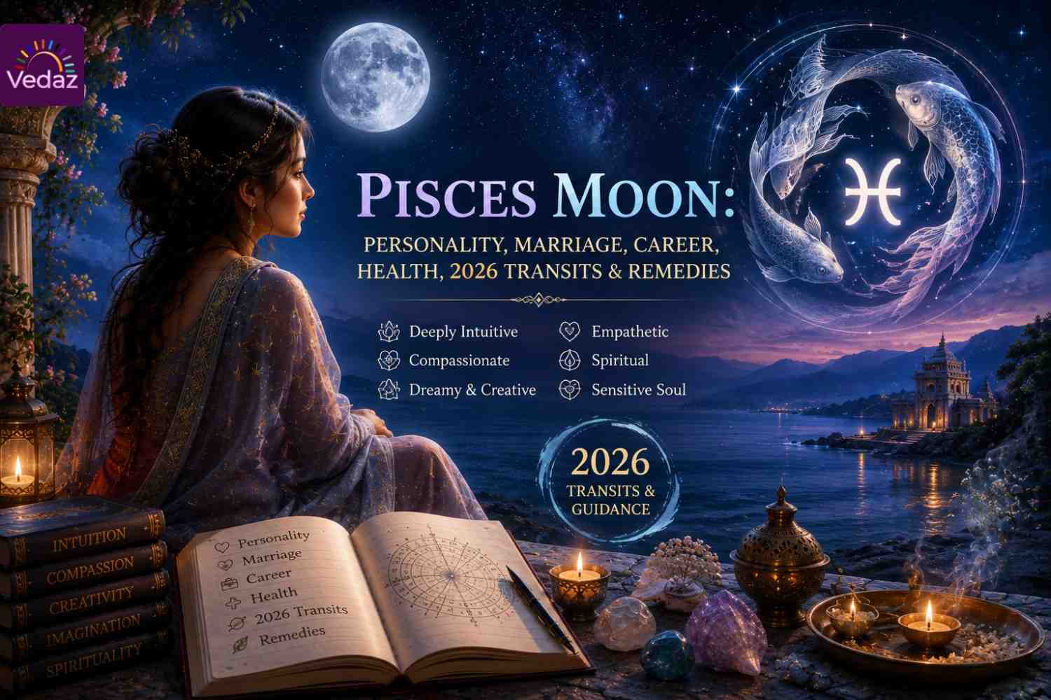 Woman gazing at Pisces moon over a mystical ocean landscape