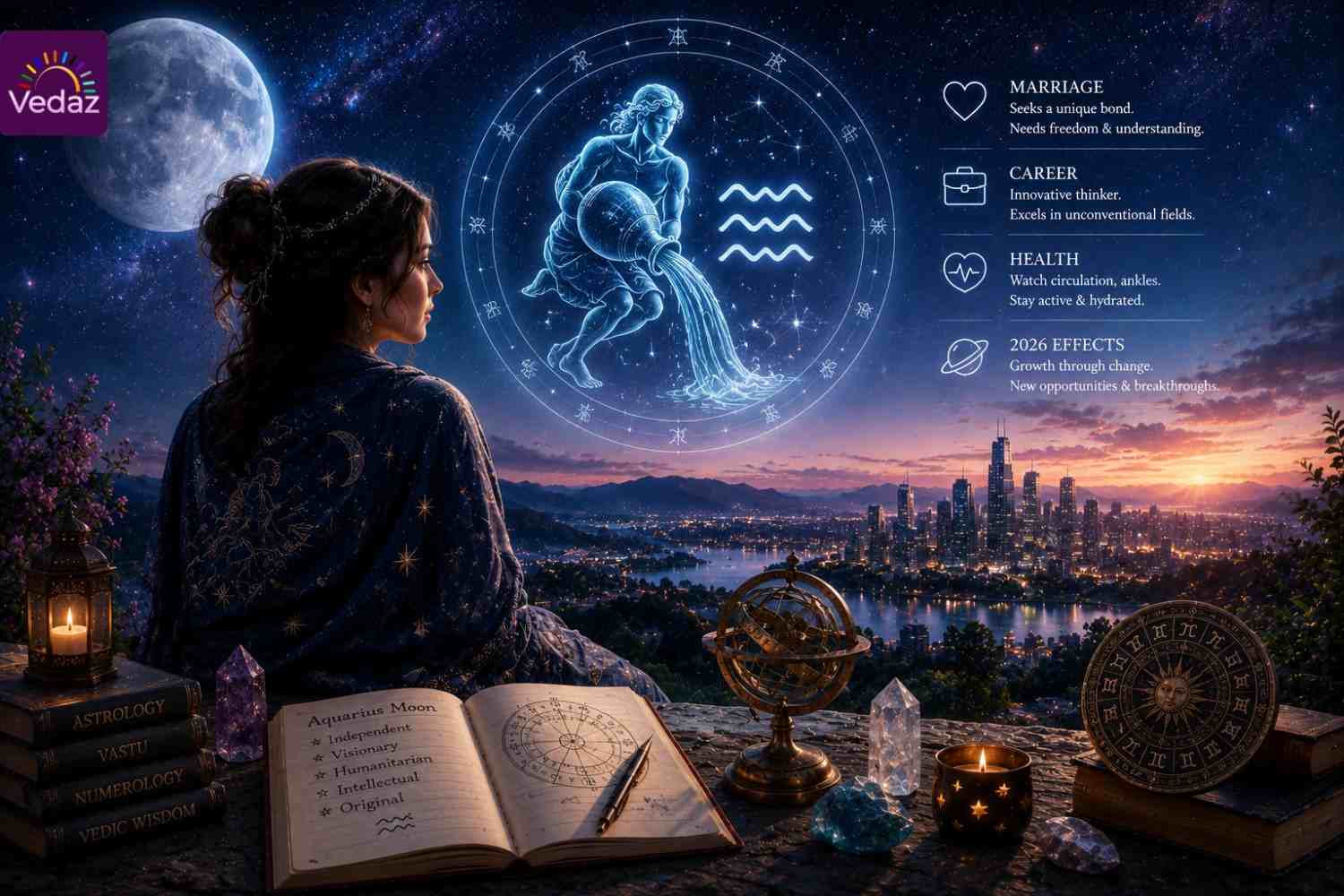 Woman gazing at Aquarius moon over a glowing cityscape