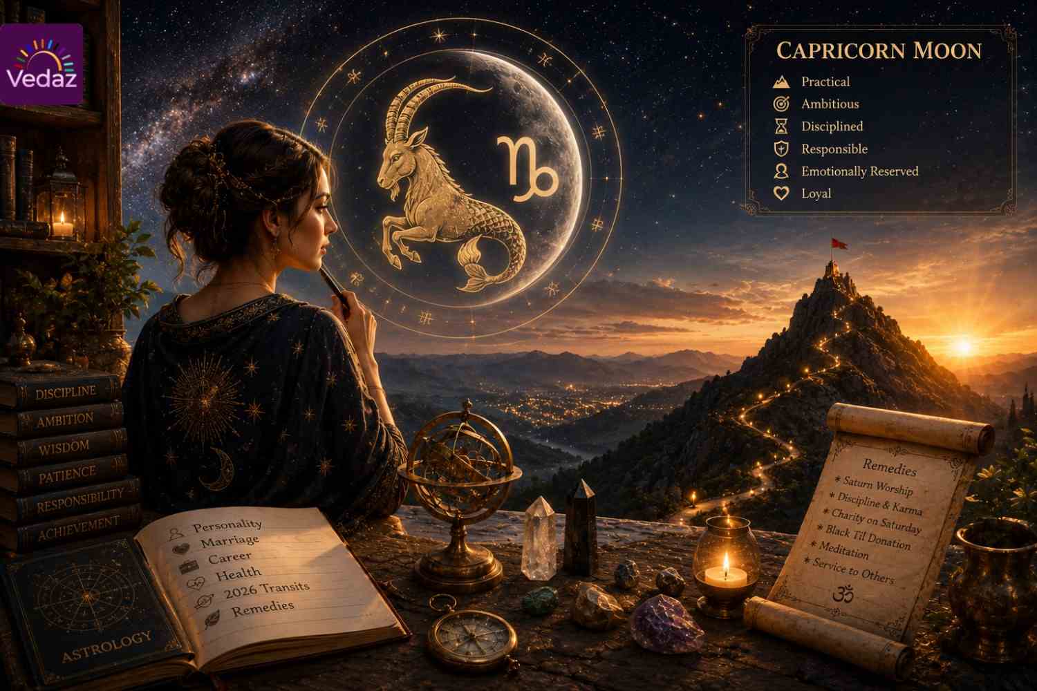 Woman gazing at cosmic Capricorn above snow-capped mountains