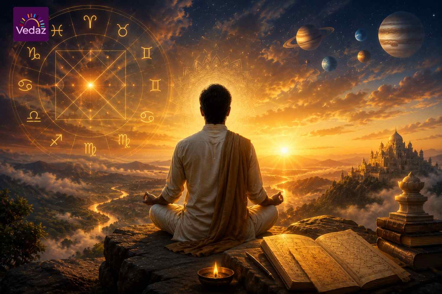 Meditating astrologer viewing zodiac chart over a radiant valley