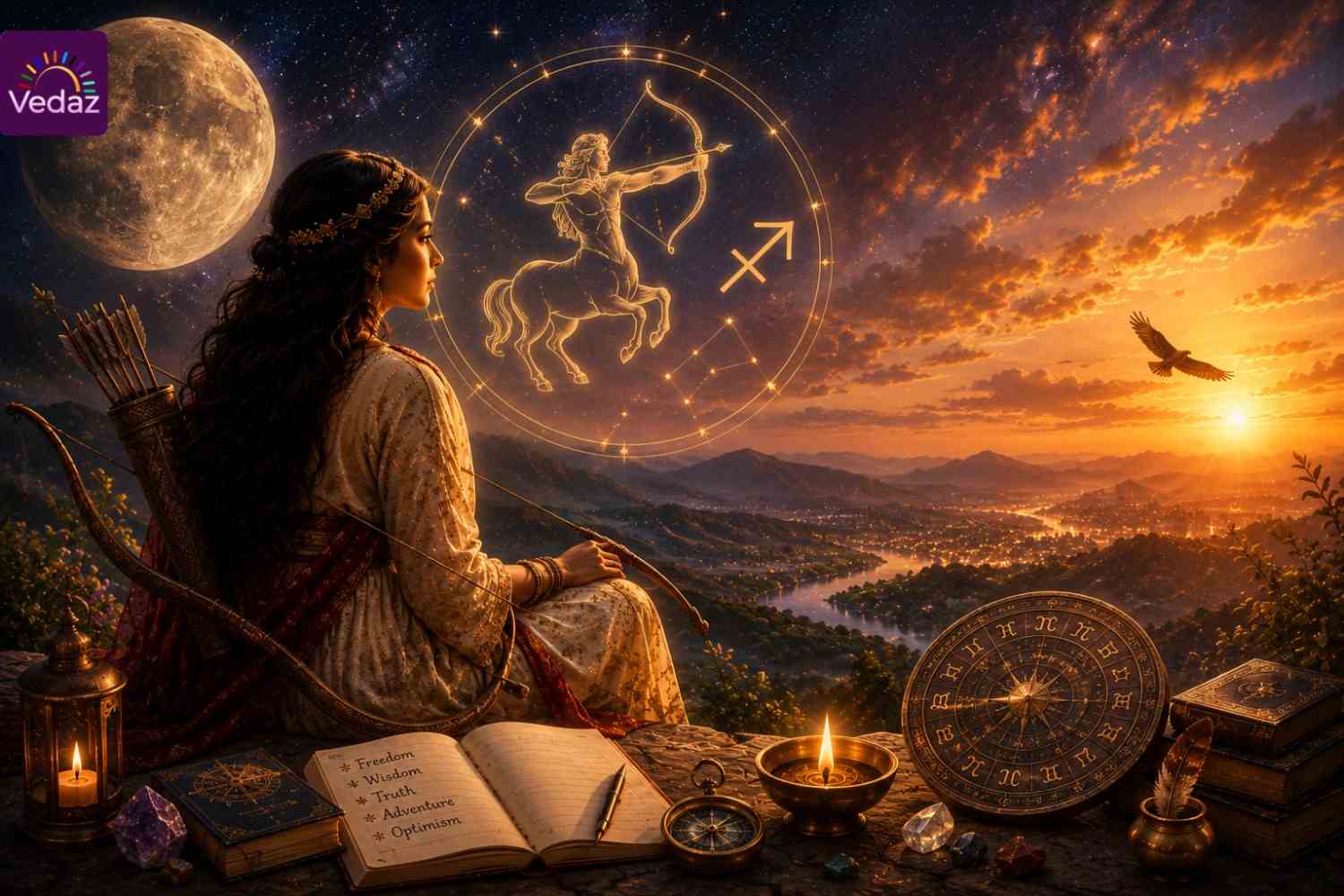 Woman studying astrology beneath moonlight and Sagittarius symbolism