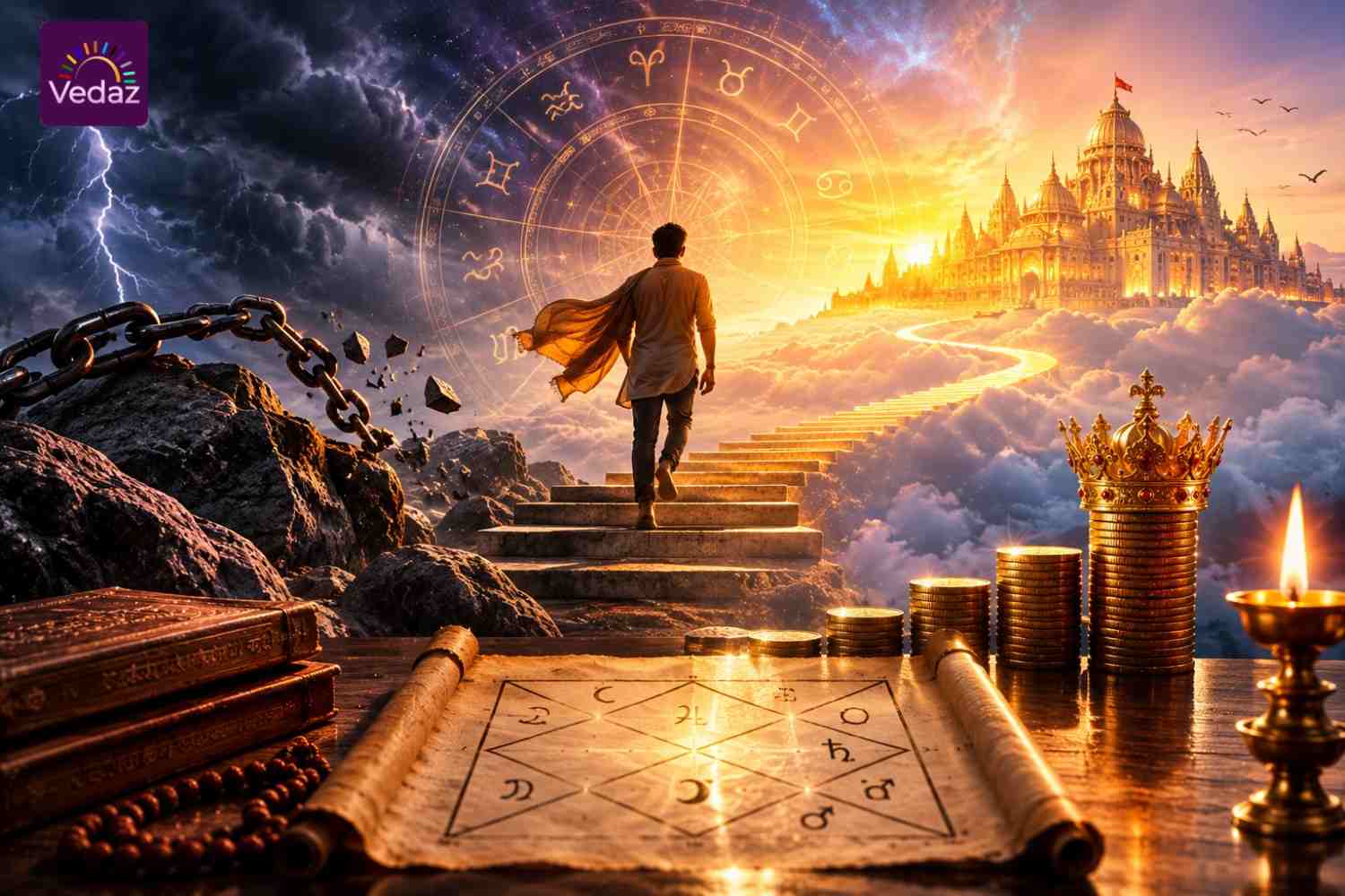 Man ascending toward success through stormy astrological transformation
