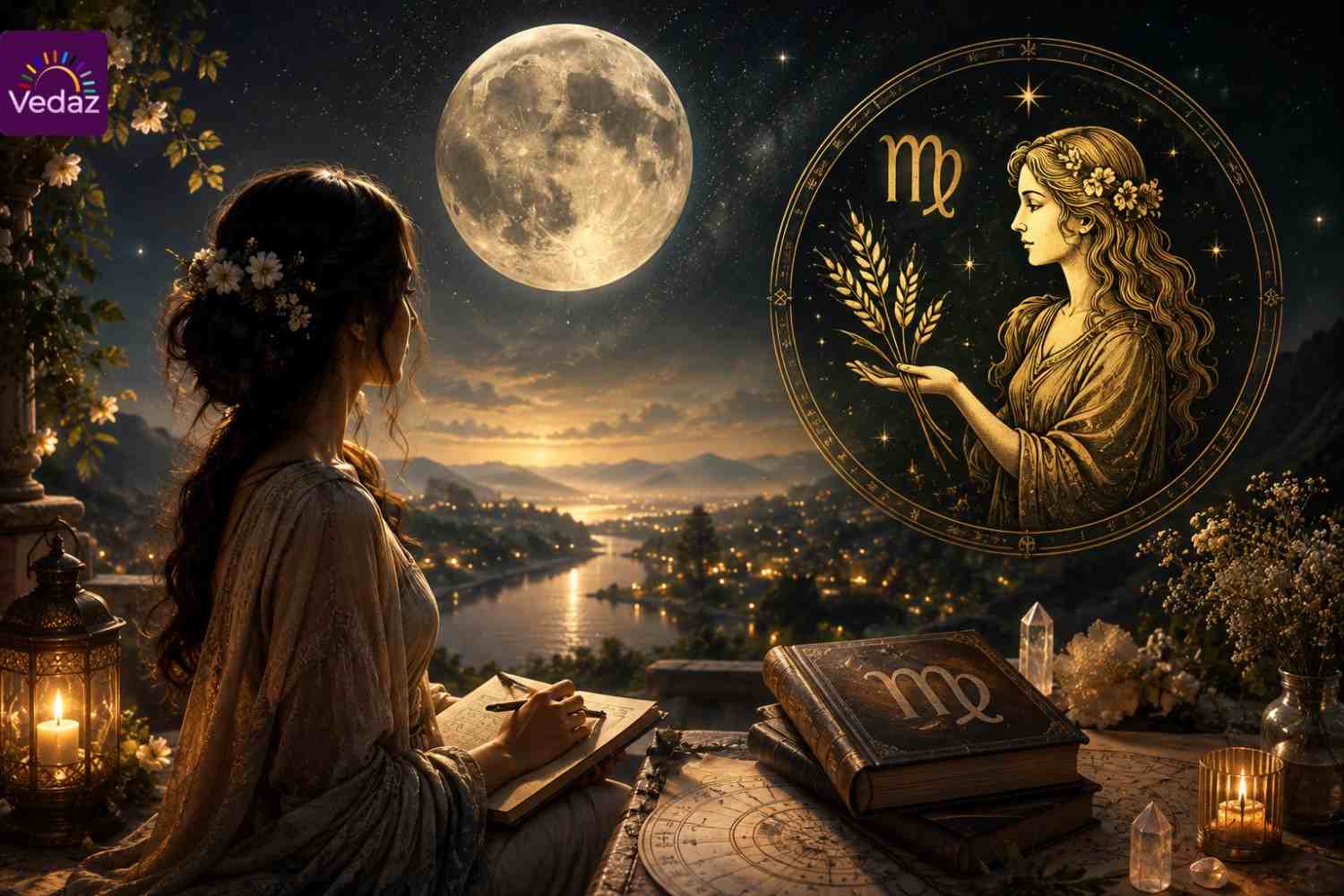 Woman studying beneath moonlight with Virgo symbolism