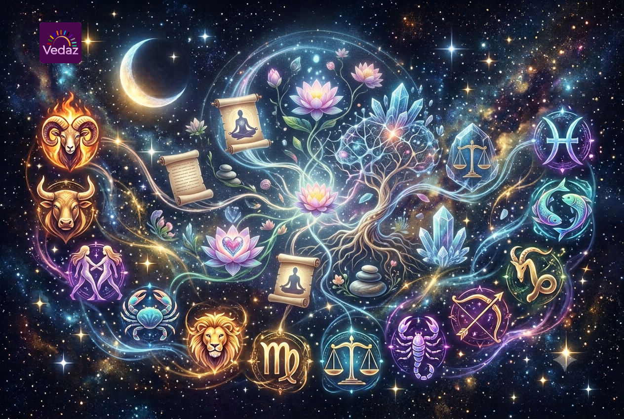 Zodiac signs with lotus flowers, crystals, and a spiritual tree in a cosmic astrology background.
