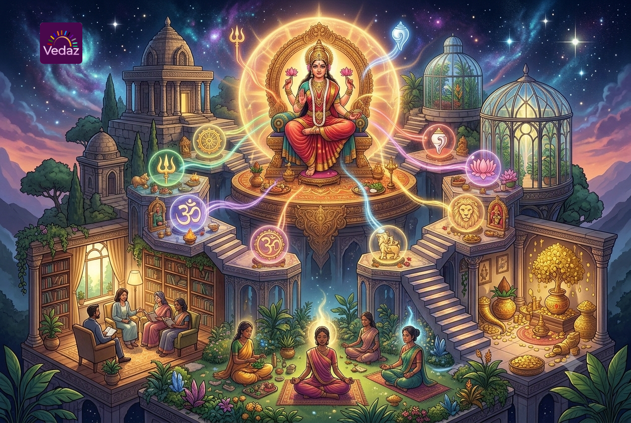 Hindu goddess surrounded by temples, Om symbols, meditation, wealth, and spiritual energy.