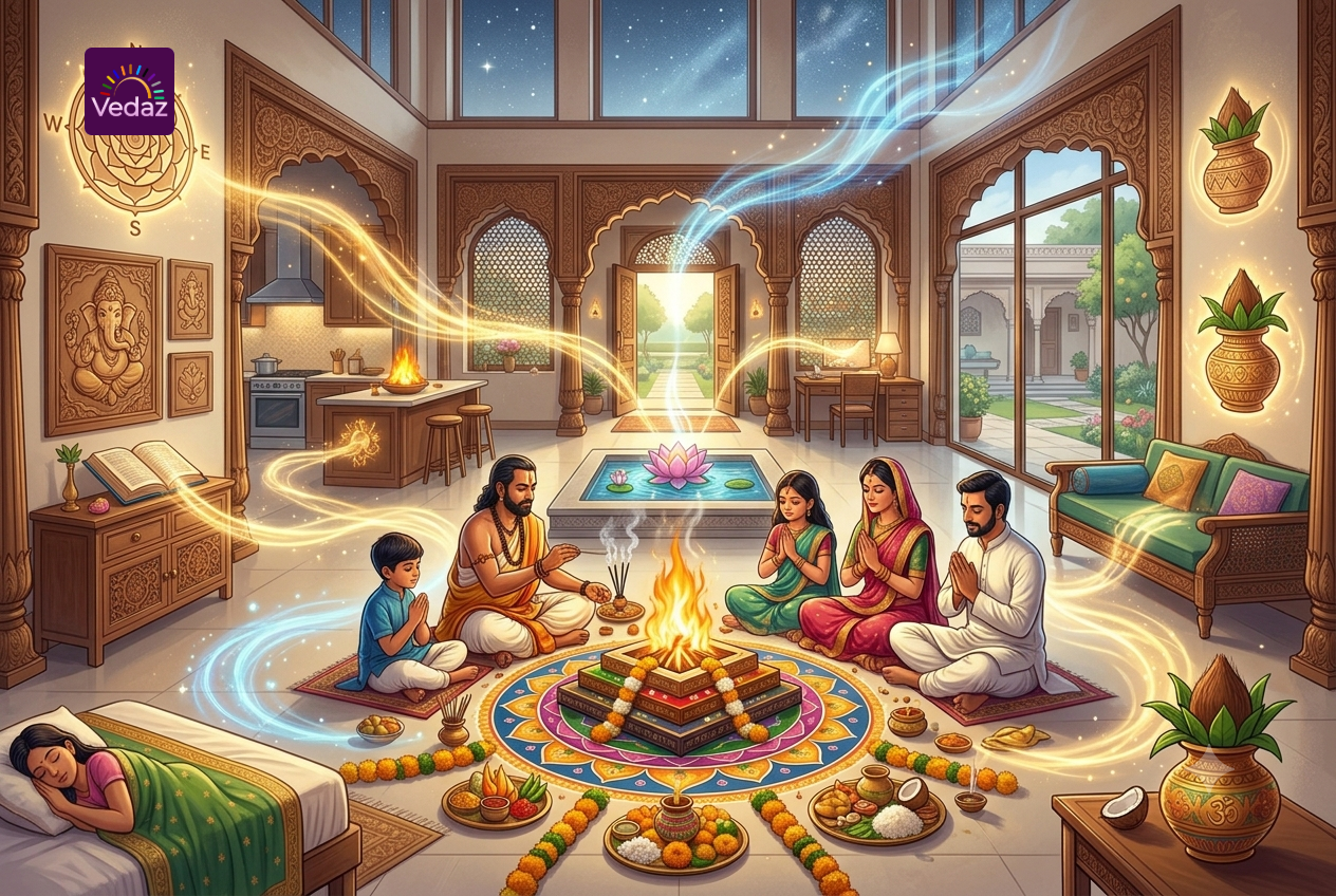family performing a traditionalpuja and havan at home, with sacred fire, and Vastu-inspired decor