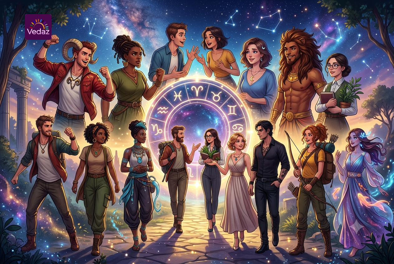 Zodiac signs and diverse personalities illustrated through astrology, mythology, and celestial symbolism.