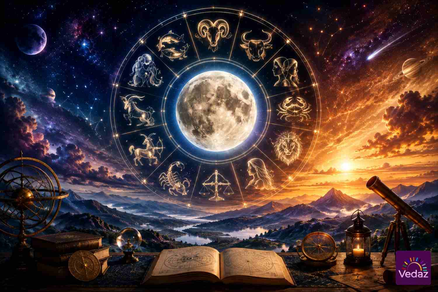 Twelve zodiac signs surrounding a glowing full moon in cosmic sky