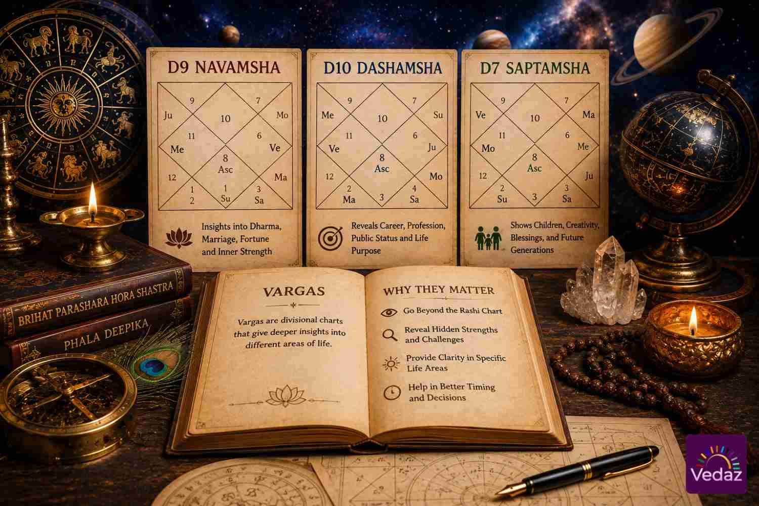 Three Vedic divisional charts beside astrology books and instruments