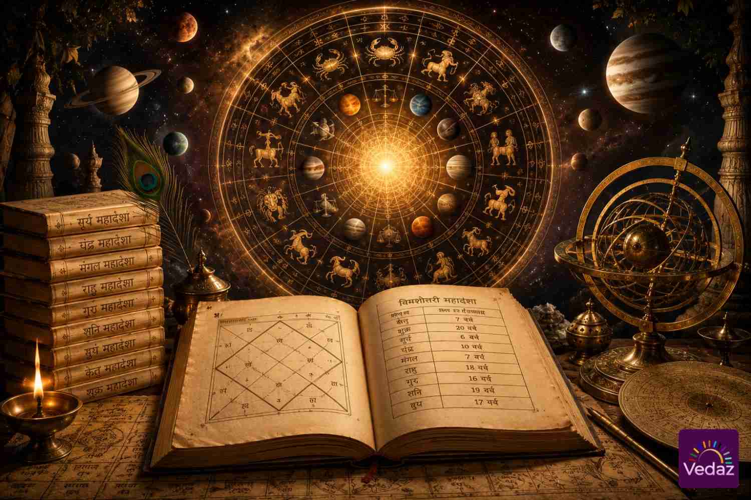 Vedic astrology charts and zodiac wheel on an ancient study desk