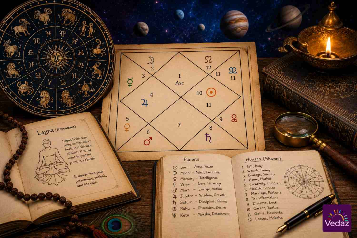 Vedic kundli chart surrounded by zodiac wheel and astrology tools