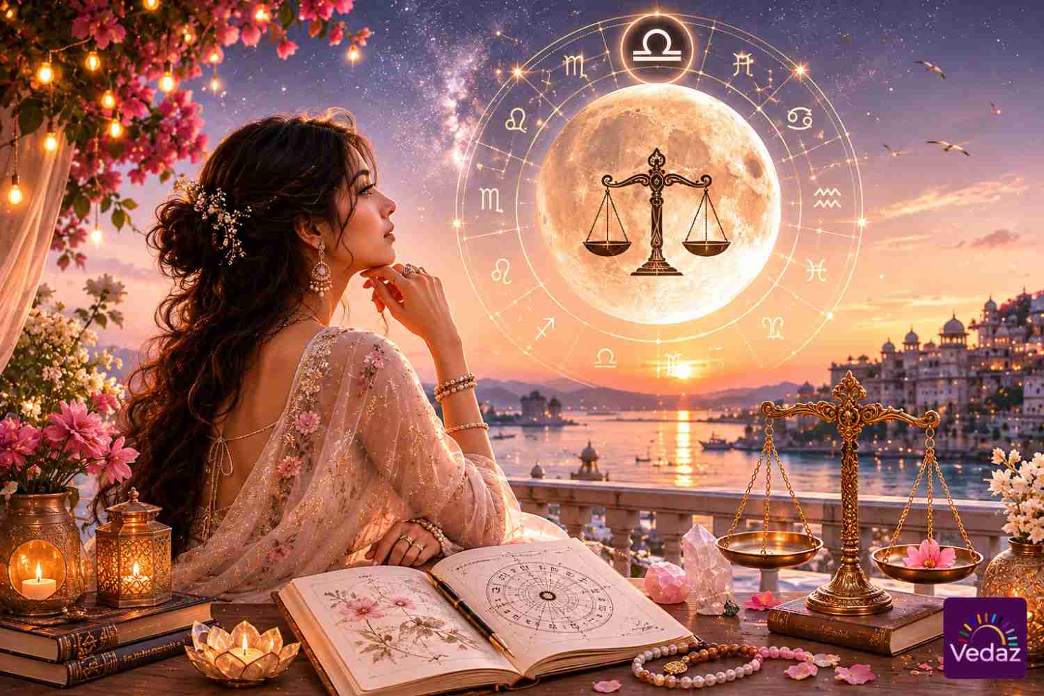 Woman beneath moonlit Libra scales overlooking a peaceful cityscape