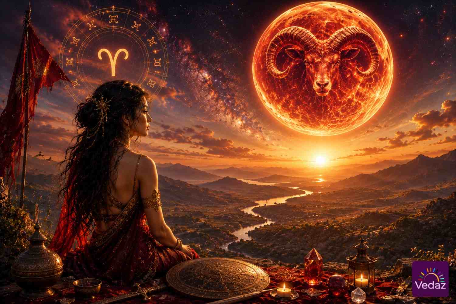 Woman overlooking mountains beneath a glowing Aries moon