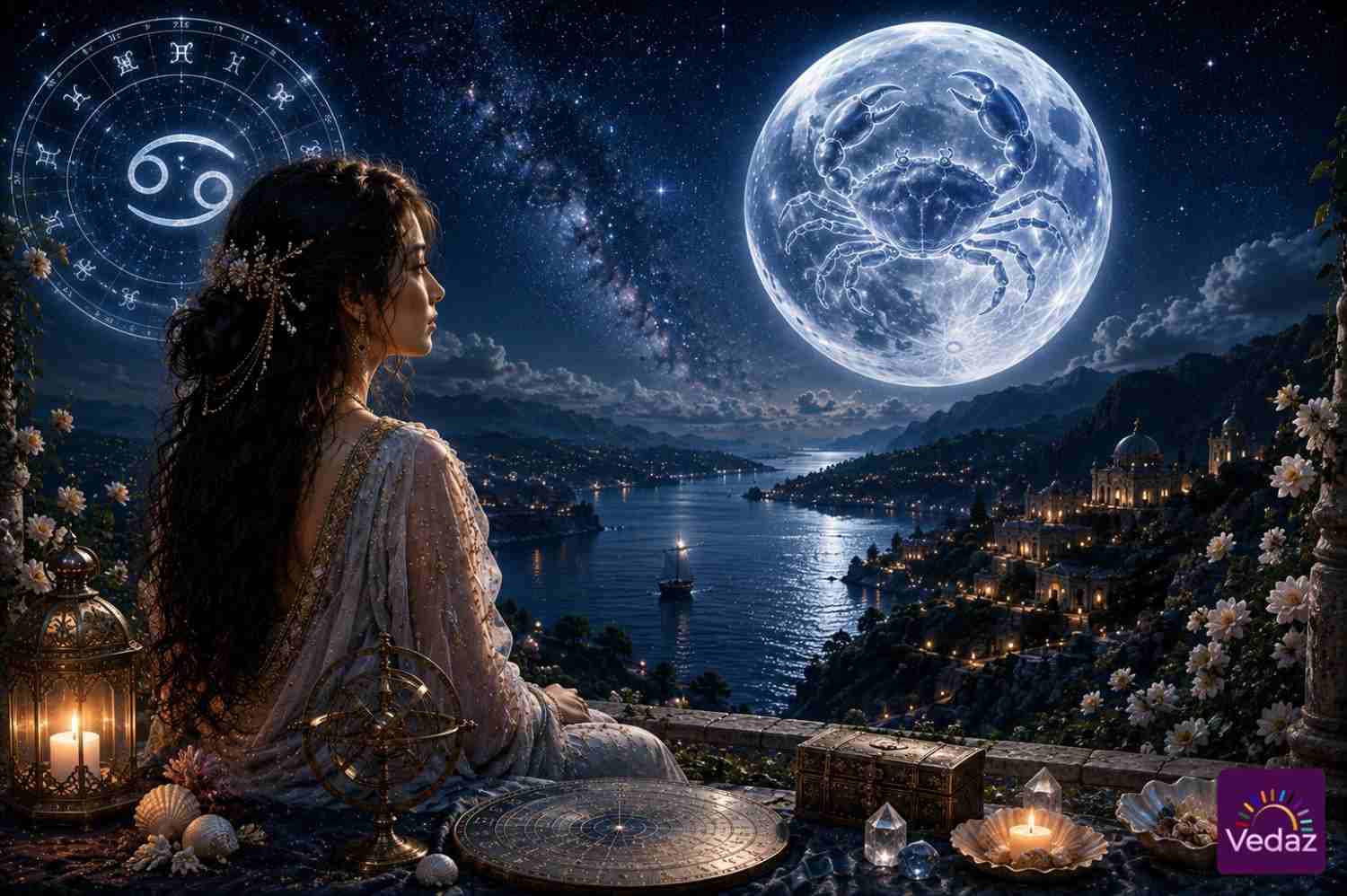 Woman gazing at Cancer moon over a peaceful moonlit bay