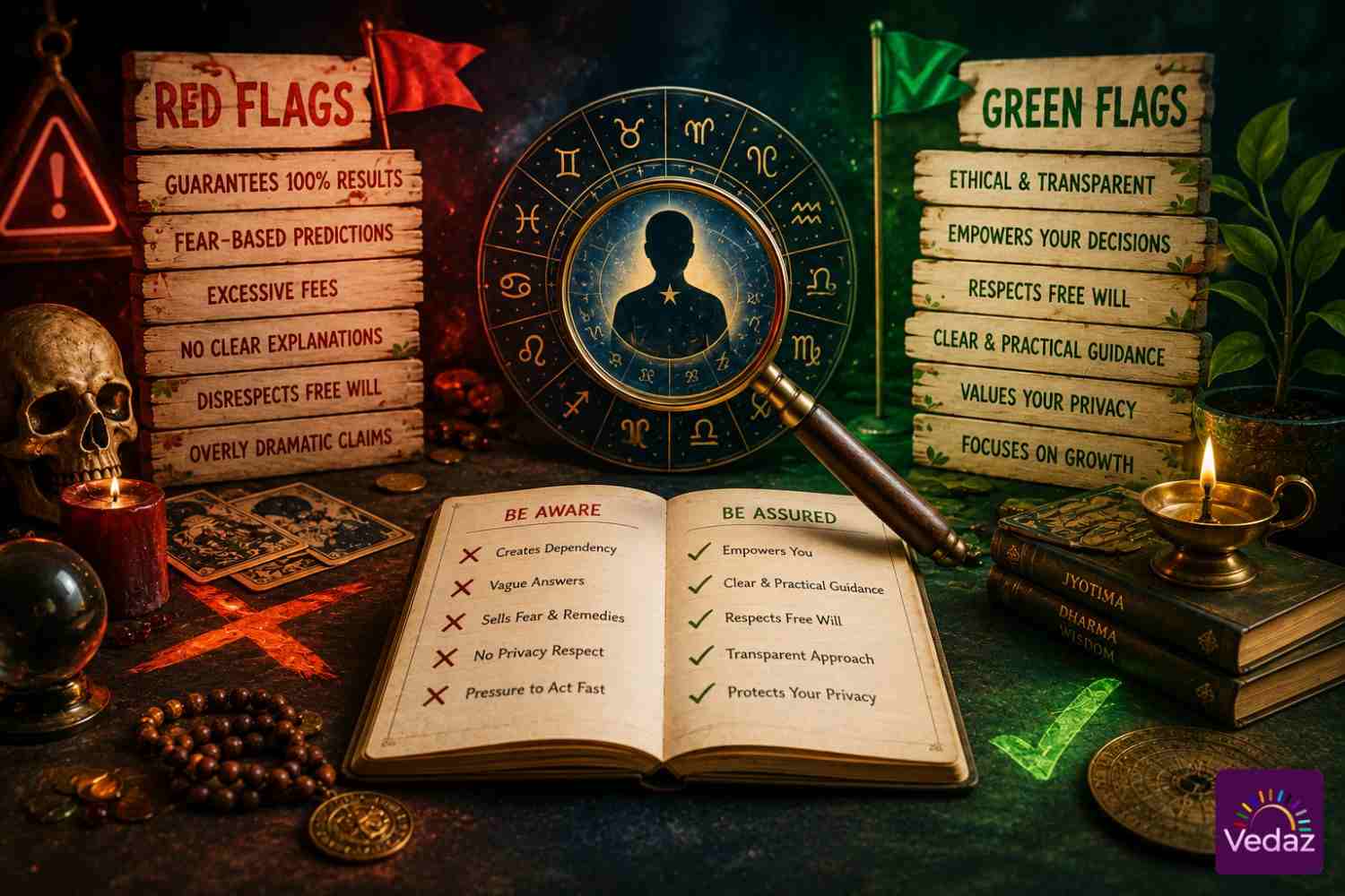 Astrology consultation balanced between warning signs and trustworthy guidance
