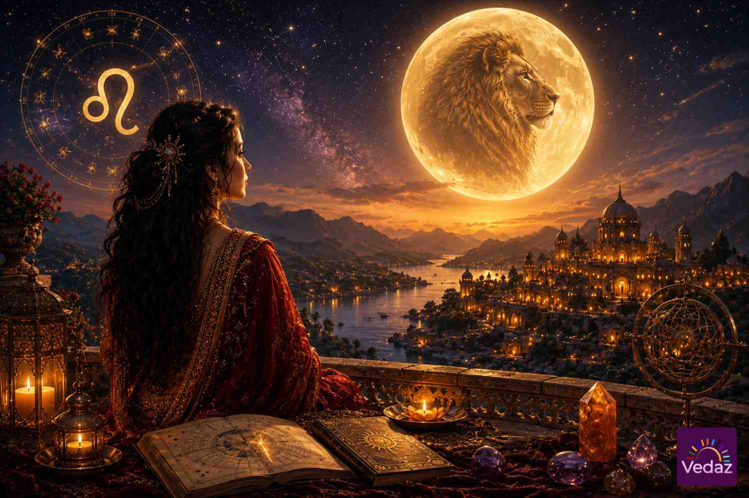 Woman viewing a glowing Leo moon above a palace city