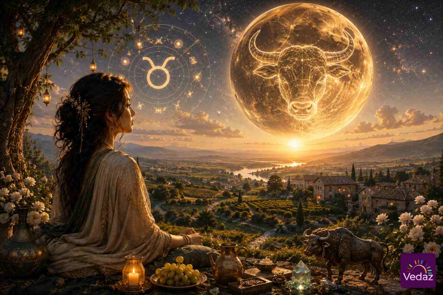 Woman admiring glowing Taurus moon over a lush countryside