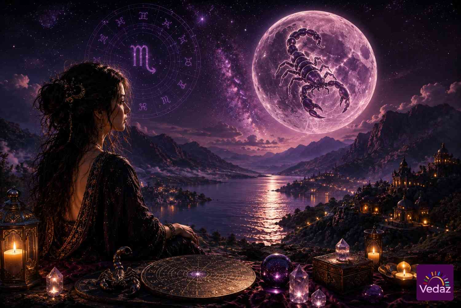 Woman gazing at glowing Scorpio moon over a mystical lake