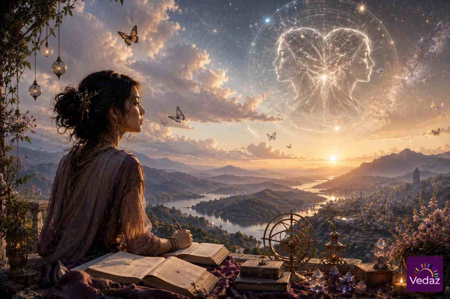 Woman writing beneath Gemini twins in a glowing sunset sky