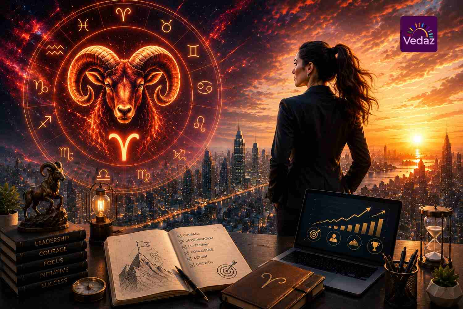 Professional woman overlooking city beneath fiery Aries ram