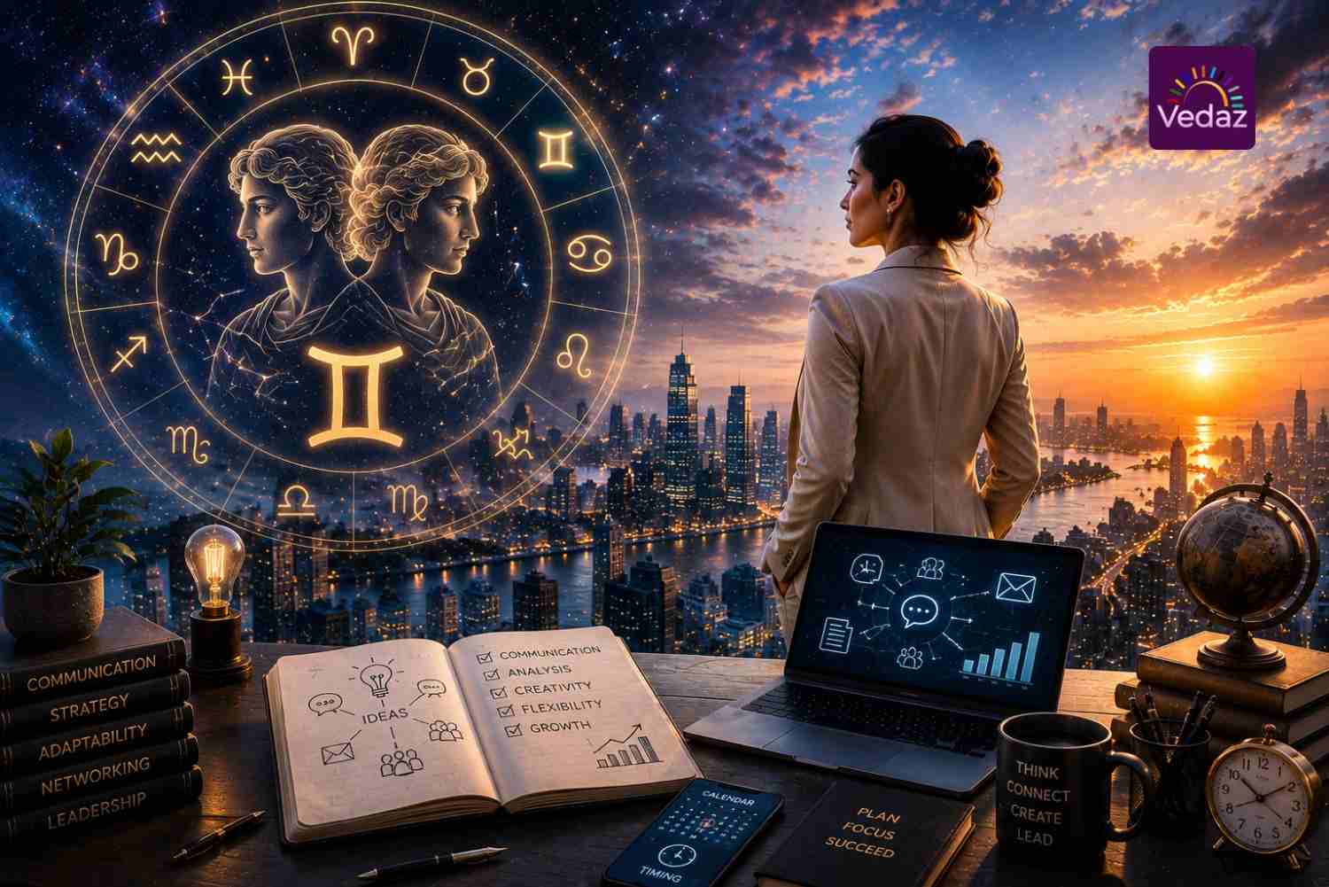 Professional woman overlooking city beneath glowing Gemini twins