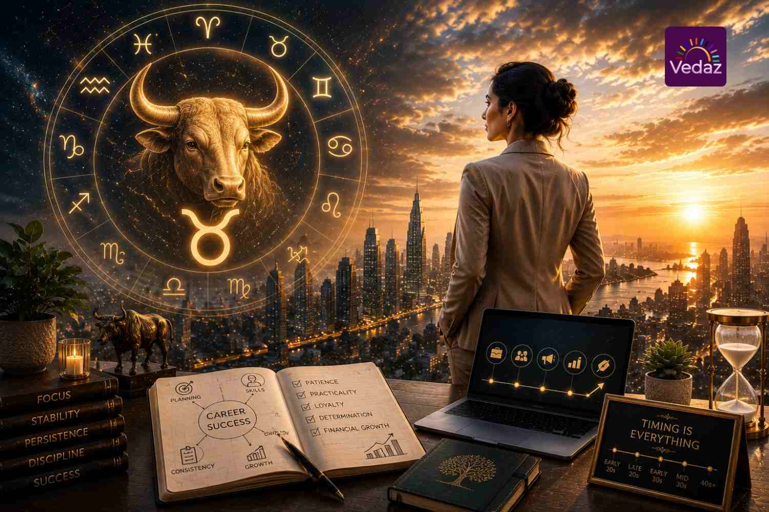 Professional woman overlooking city beneath glowing Taurus bull