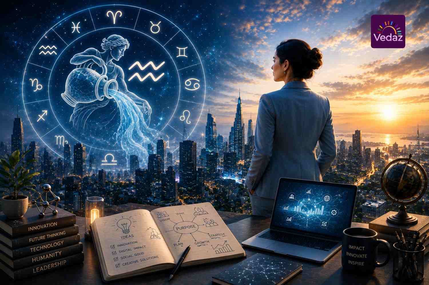 Professional woman overlooking futuristic city beneath Aquarius constellation