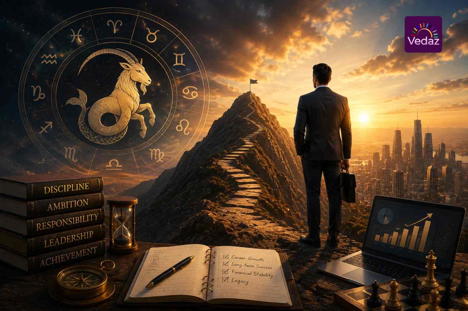 Businessman climbing mountain toward city beneath Capricorn zodiac