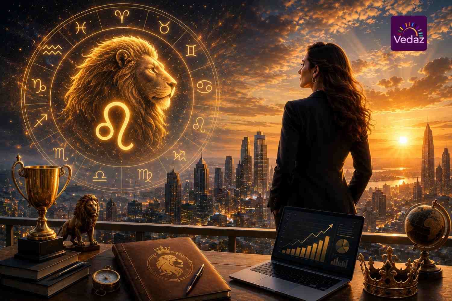 Businesswoman overlooking city beneath glowing Leo zodiac lion