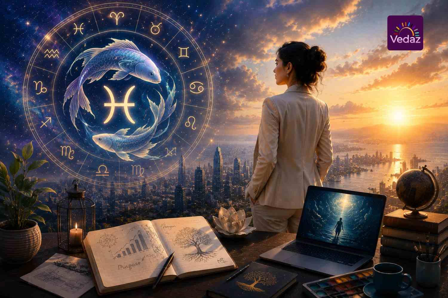 Professional woman overlooking city beneath Virgo zodiac wheel