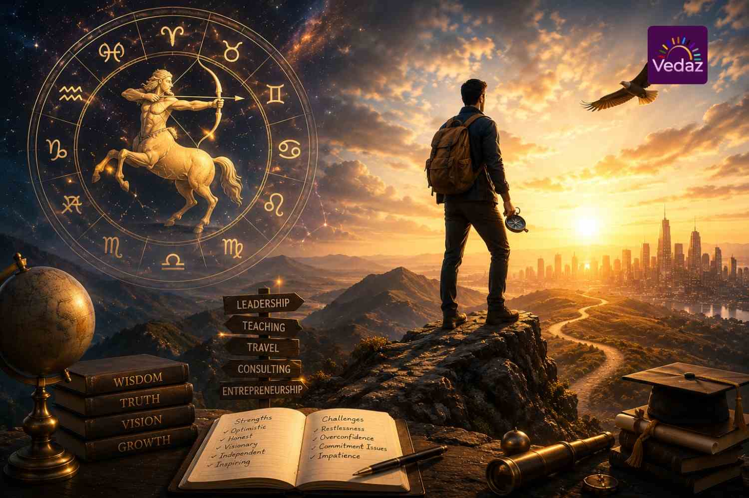 Man overlooking mountains and city beneath Sagittarius zodiac