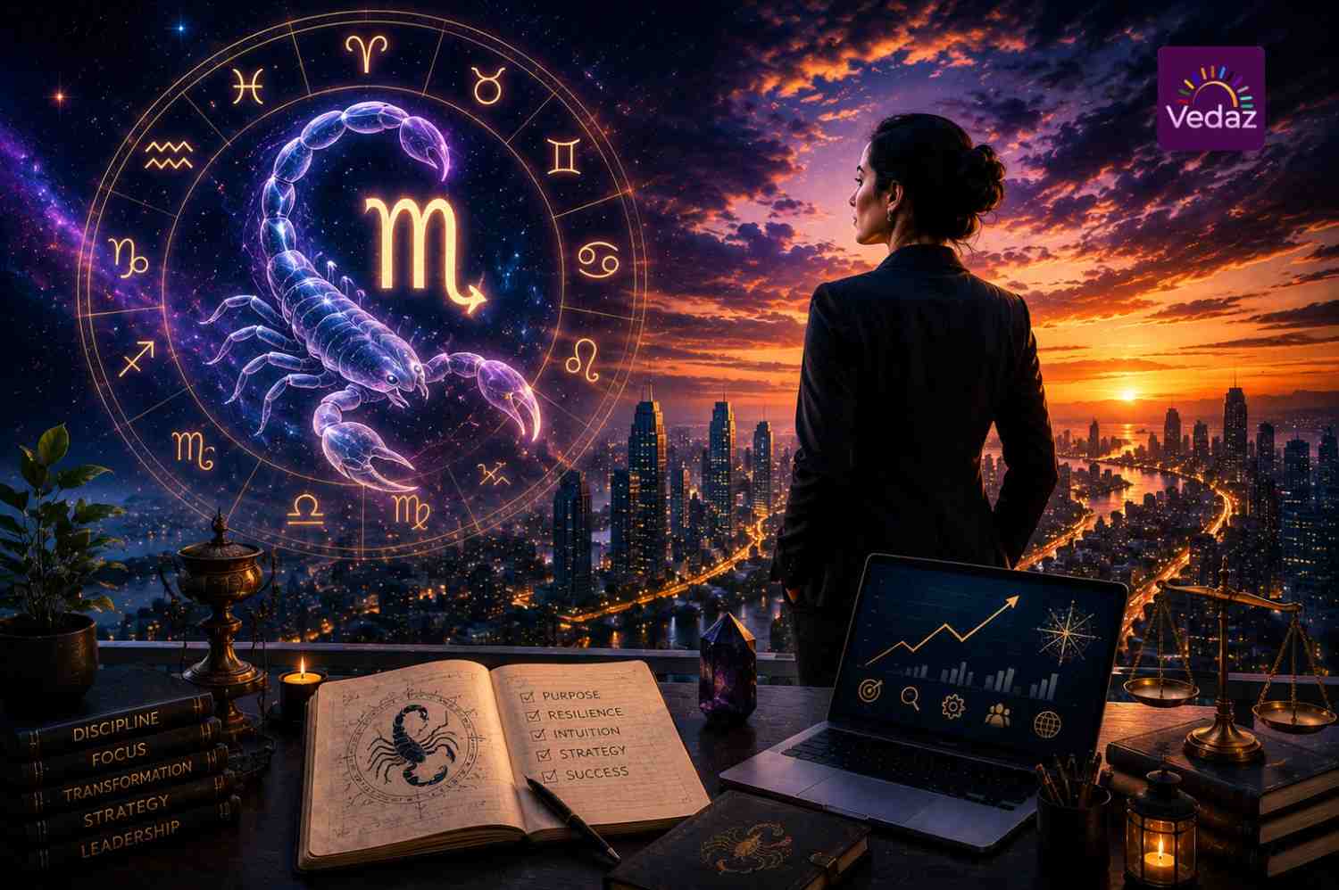 Professional woman beneath glowing Scorpio scorpion over city skyline