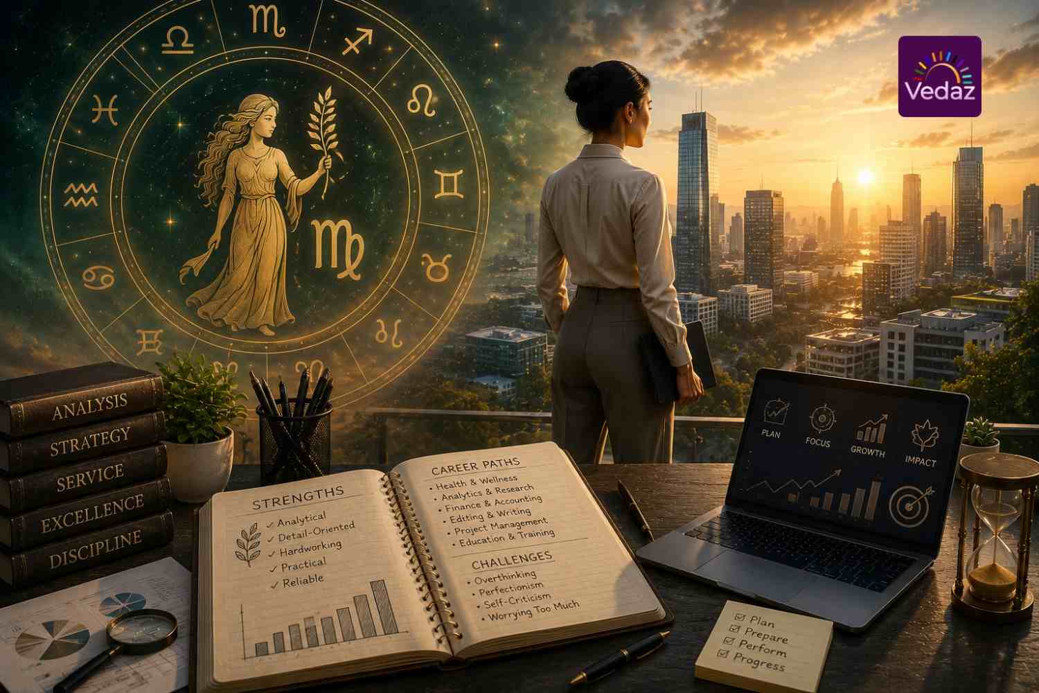Professional woman overlooking city beneath Virgo zodiac wheel