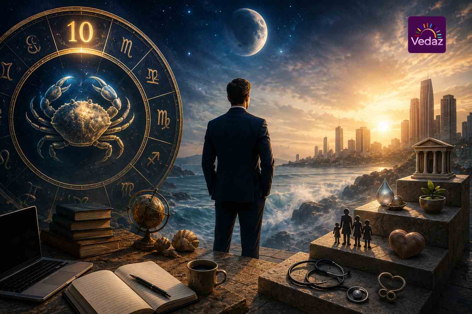 Man overlooking city skyline beneath Cancer zodiac and moon