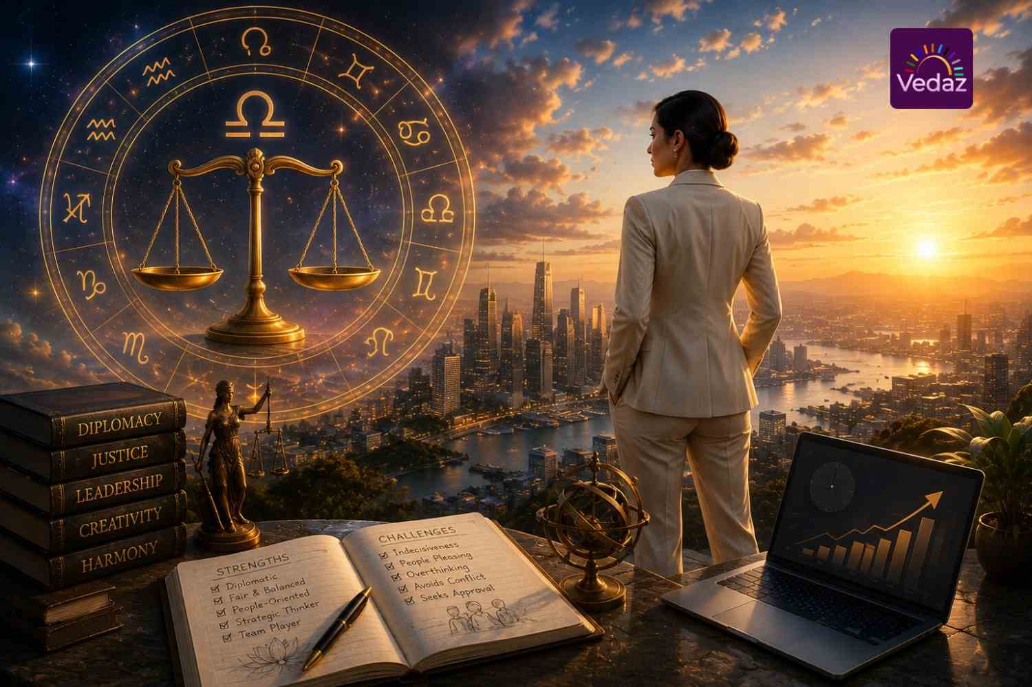 Professional woman overlooking city beneath glowing Libra scales