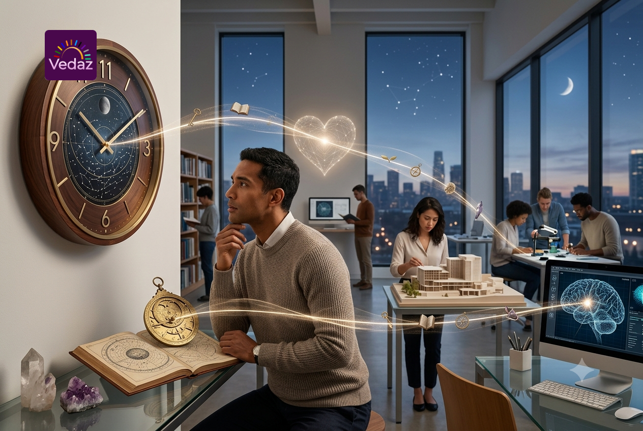 A quiet office at night featuring a large wooden wall clock displaying 11:11 with glowing light trails connecting timepieces to neural pathways.