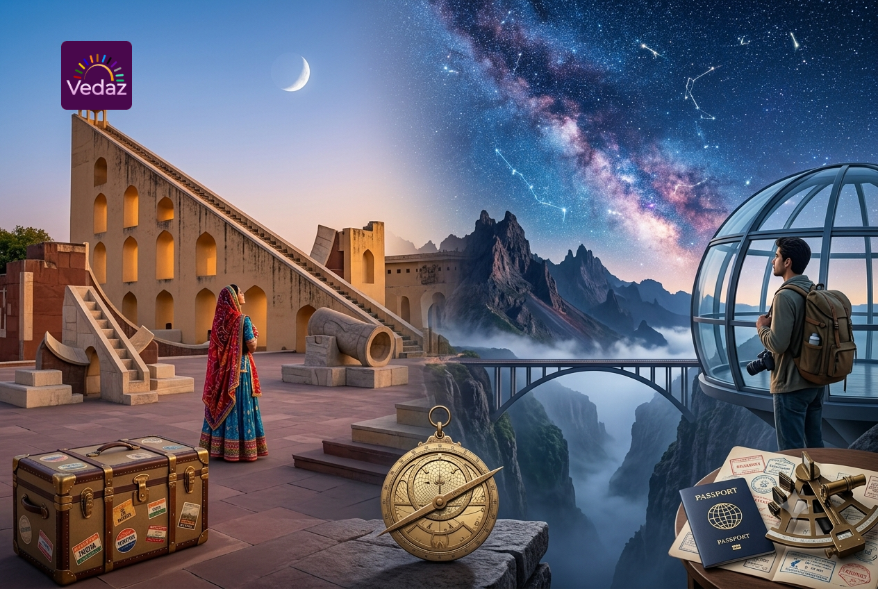 A split-screen visual showing various global travel destinations—from lush jungles to historic monuments—connected to vibrant glowing zodiac constellations.
