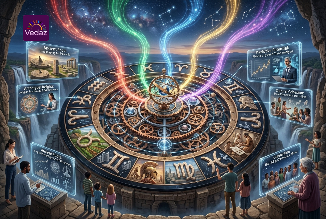 An interactive museum space centered around a massive mechanical zodiac wheel surrounded by digital infographics detailing history and psychology.