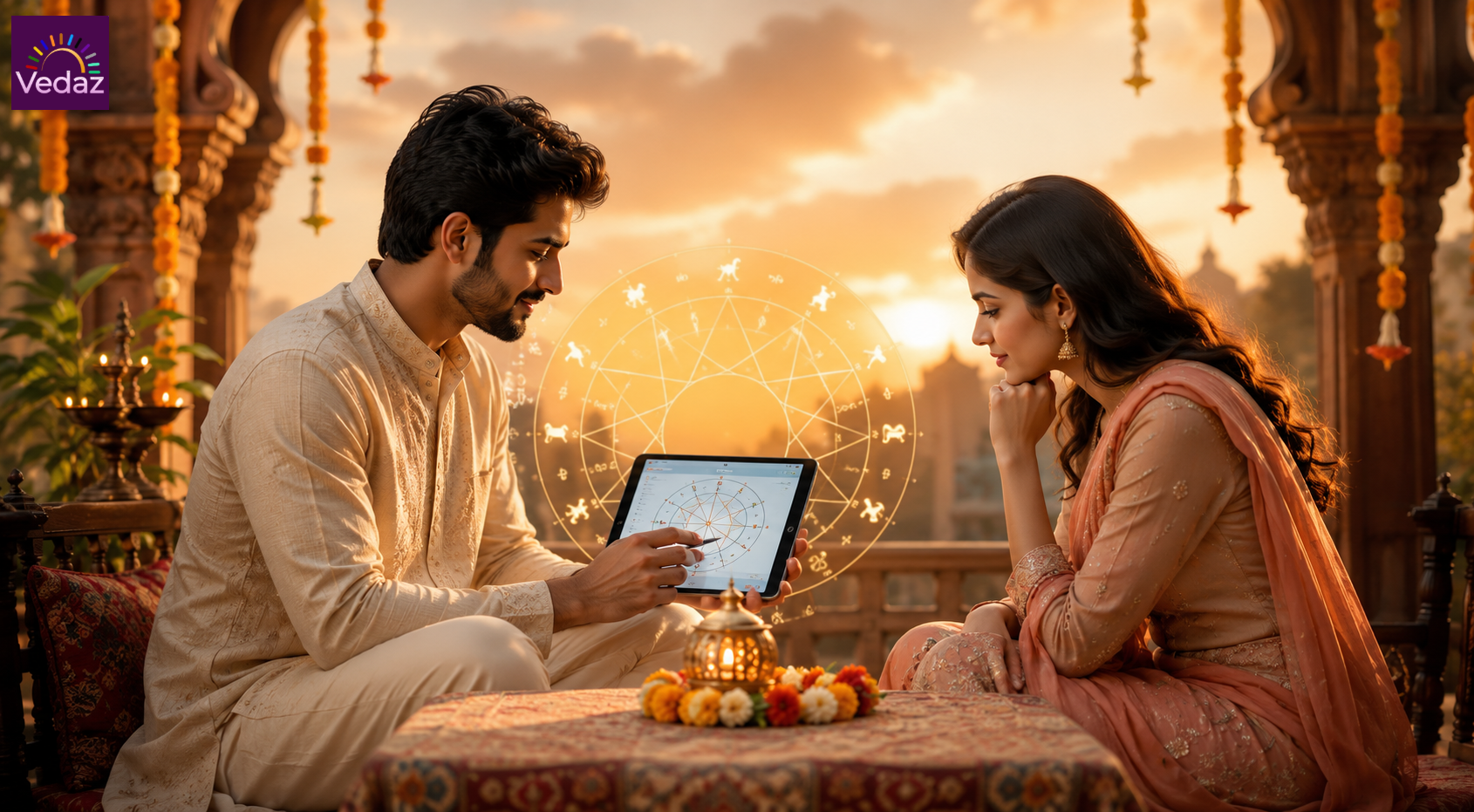 Couple studying a tablet beside marigold flowers and brass lamps