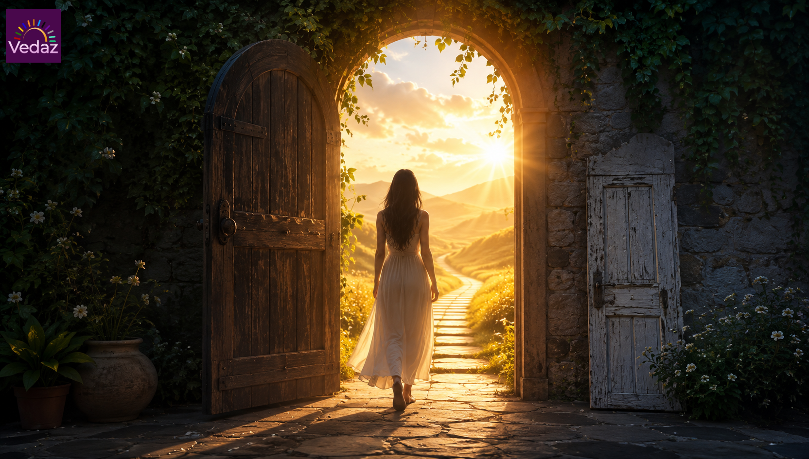 Woman walking through stone archway toward sunlit hills