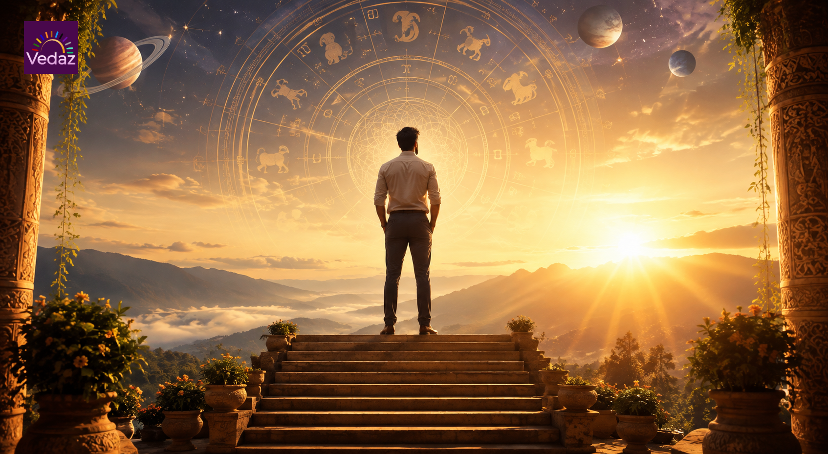 Man on stone staircase beneath zodiac wheel and mountains