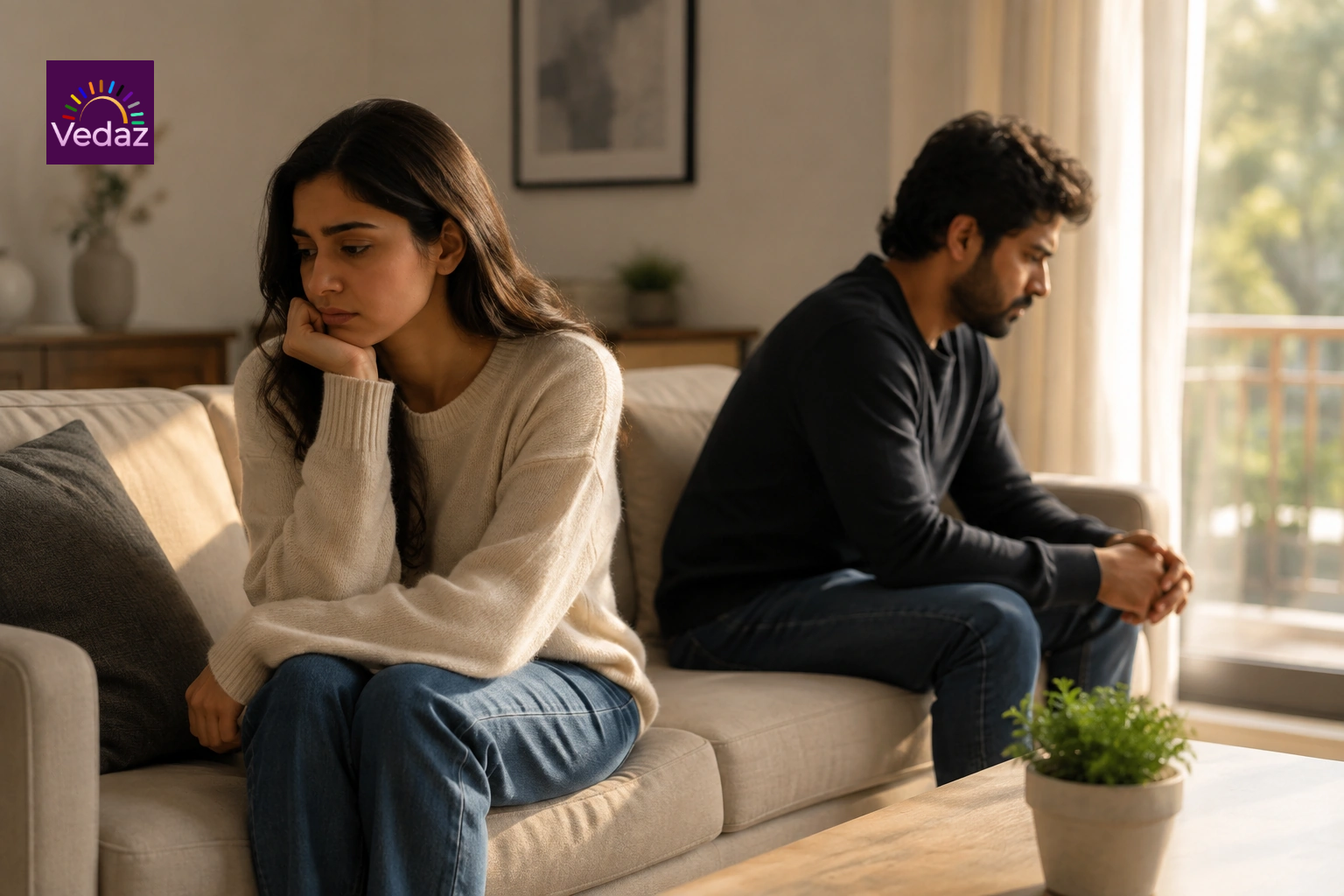 Woman and man sitting apart on beige living room sofa