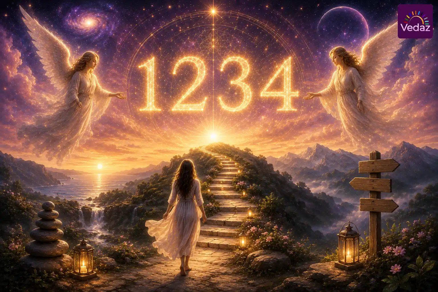 Angels above glowing 1234 and woman following illuminated path