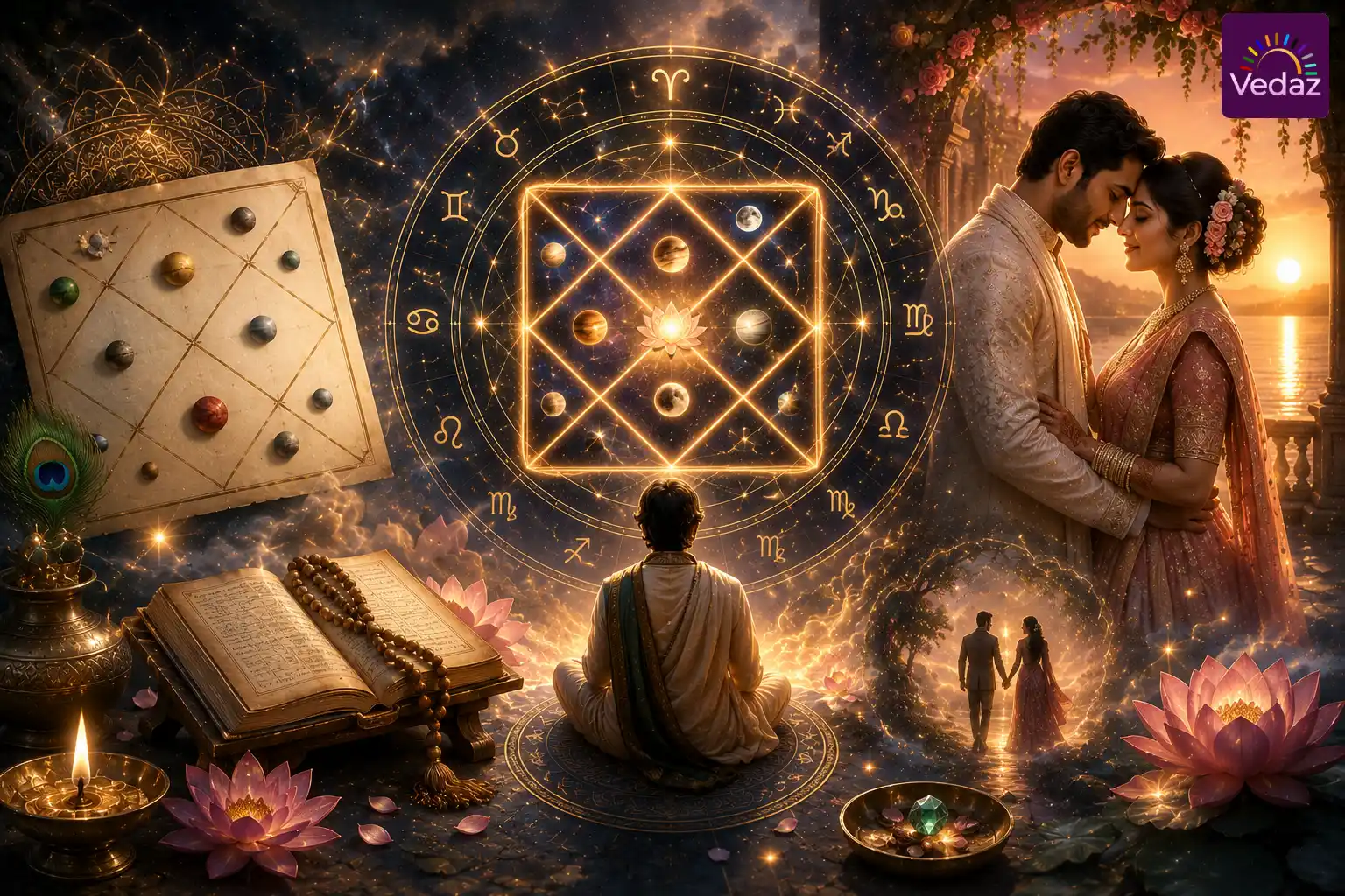 Navamsa chart with couple, lotus and Vedic astrology symbols