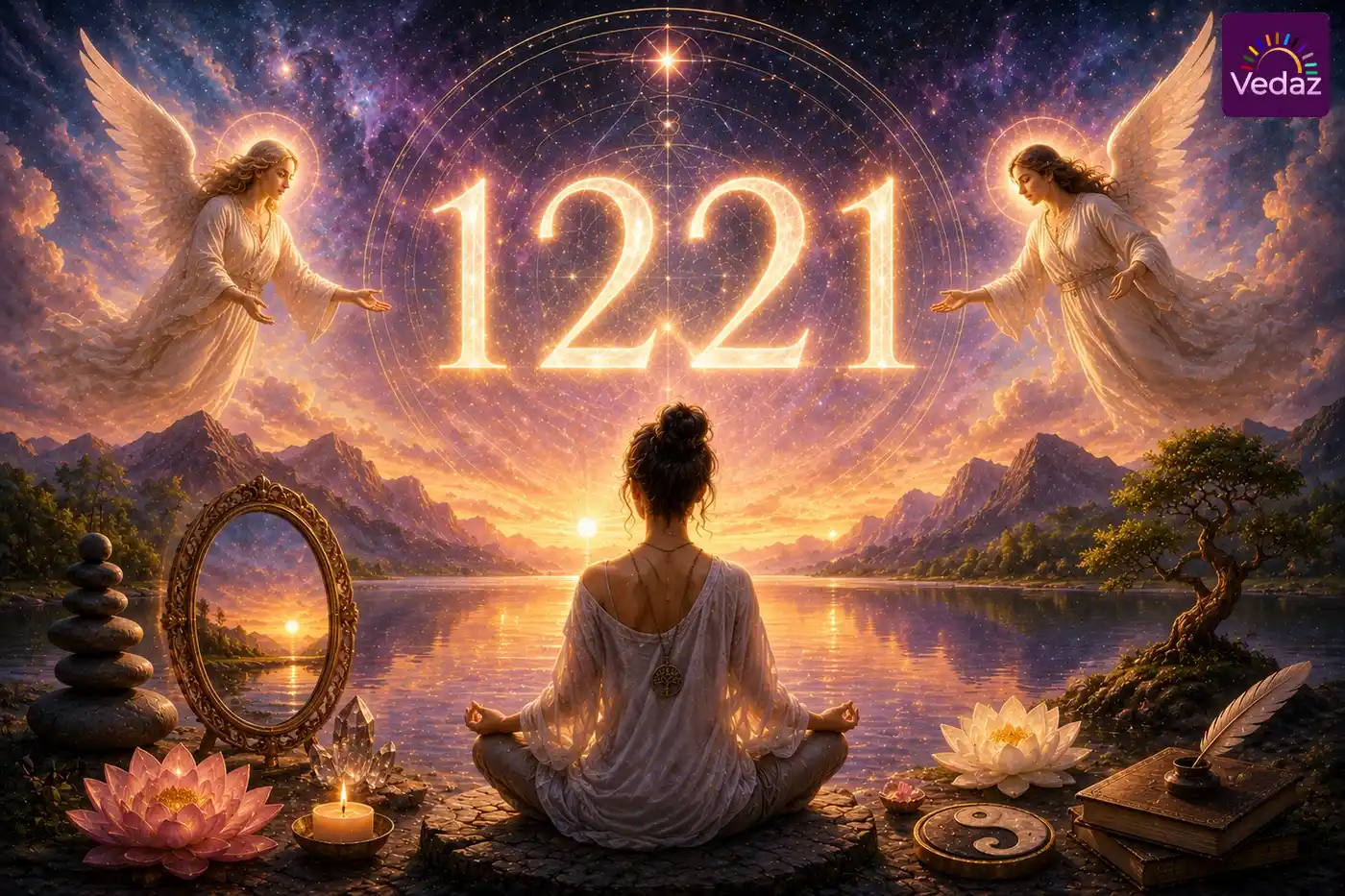 Angels surrounding glowing 1221 above balanced meditating woman