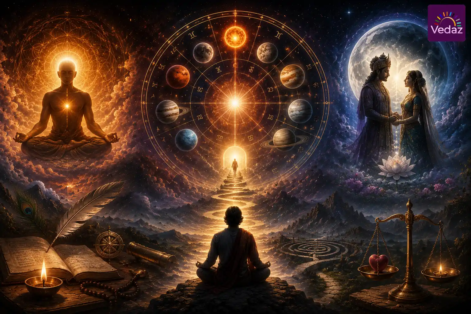 Cosmic chart connecting meditation, destiny, love and marriage