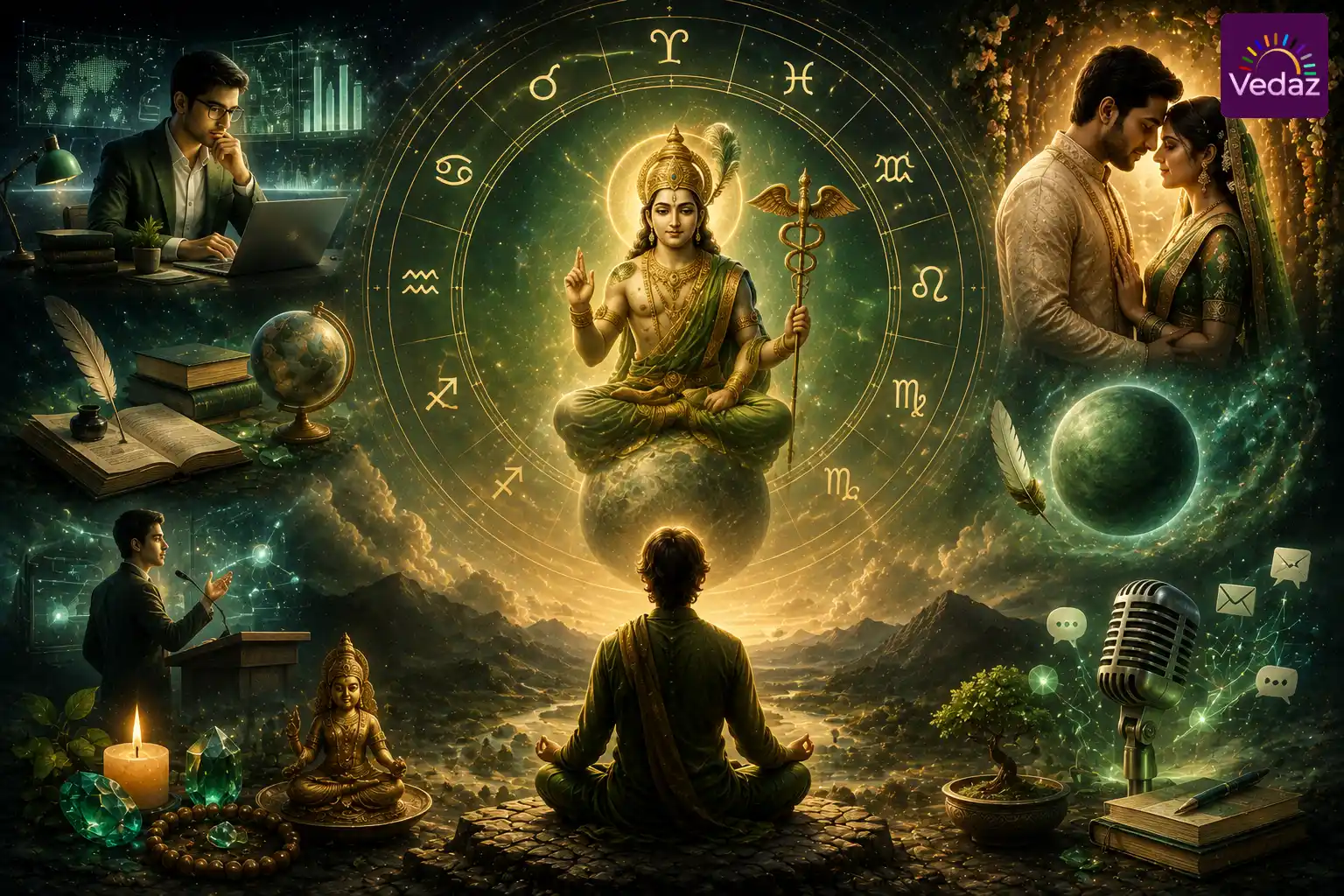 Mercury deity beneath zodiac wheel with communication and marriage